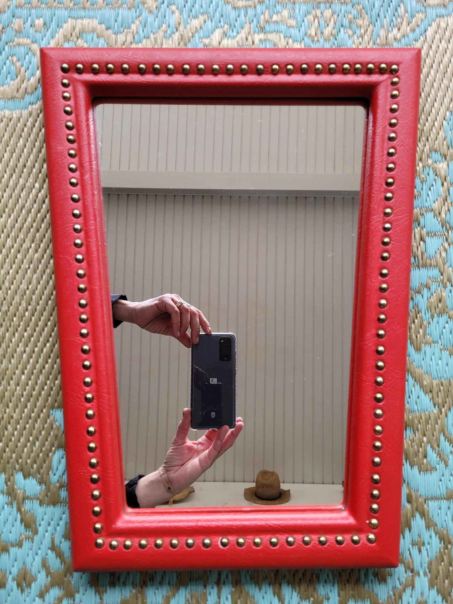 Miroir rétroviseur en simili cuir rouge 1960 - Ref 74