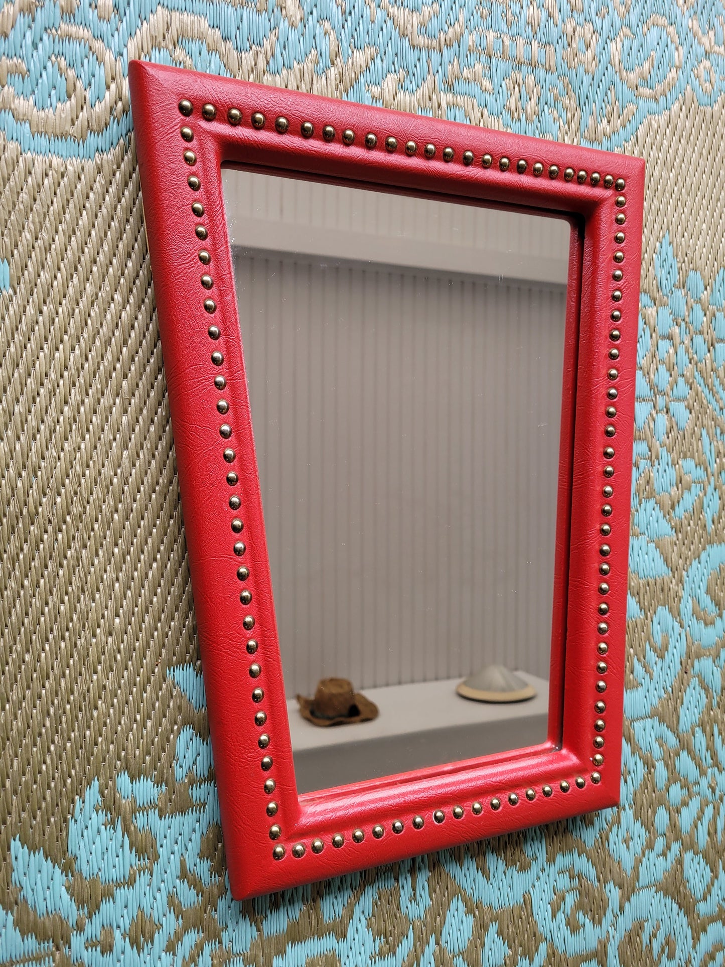 Miroir rétroviseur en simili cuir rouge 1960 - Ref 74