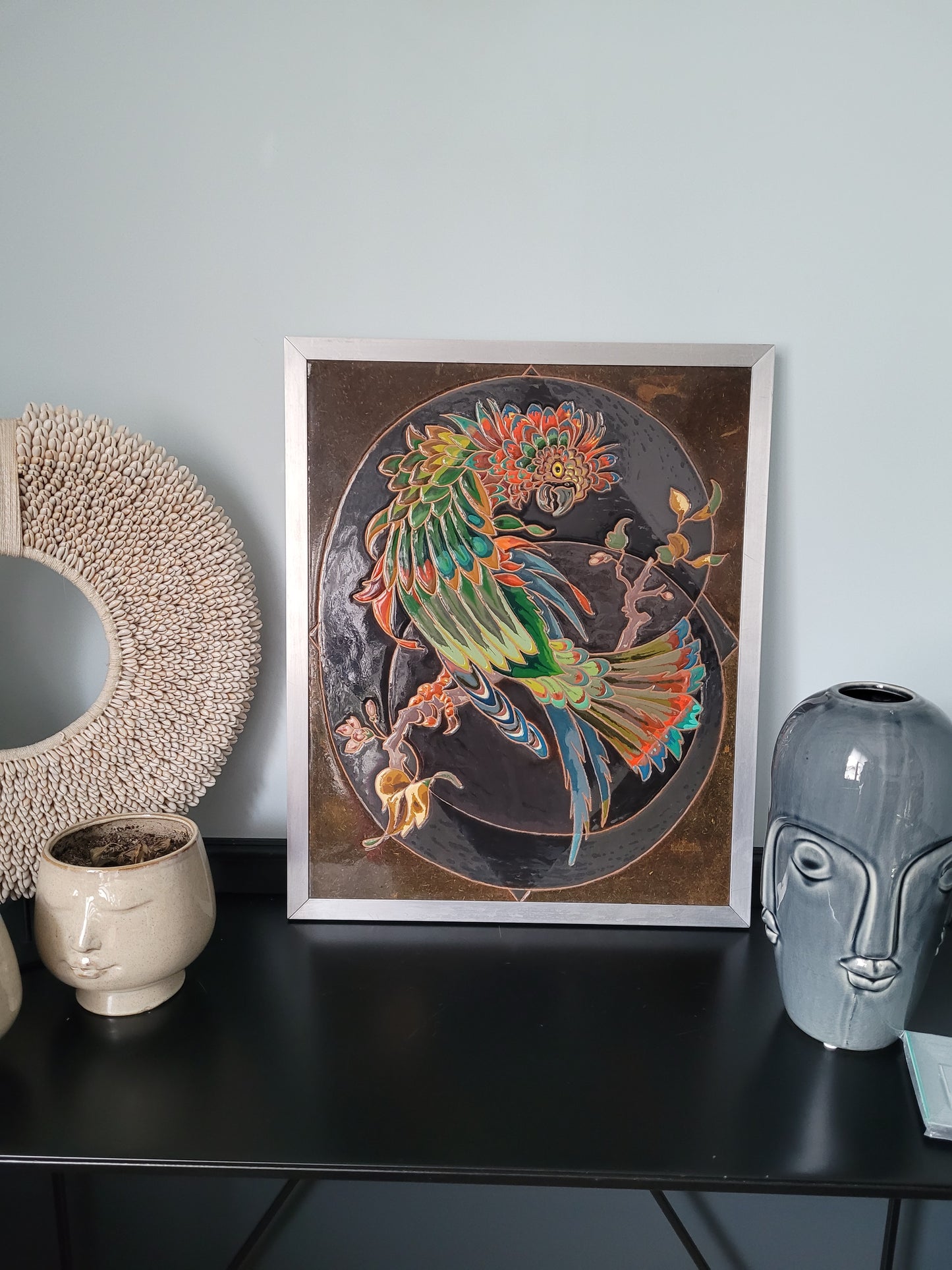 Tableau perroquet émaillé signé René Sigg - Ref 61