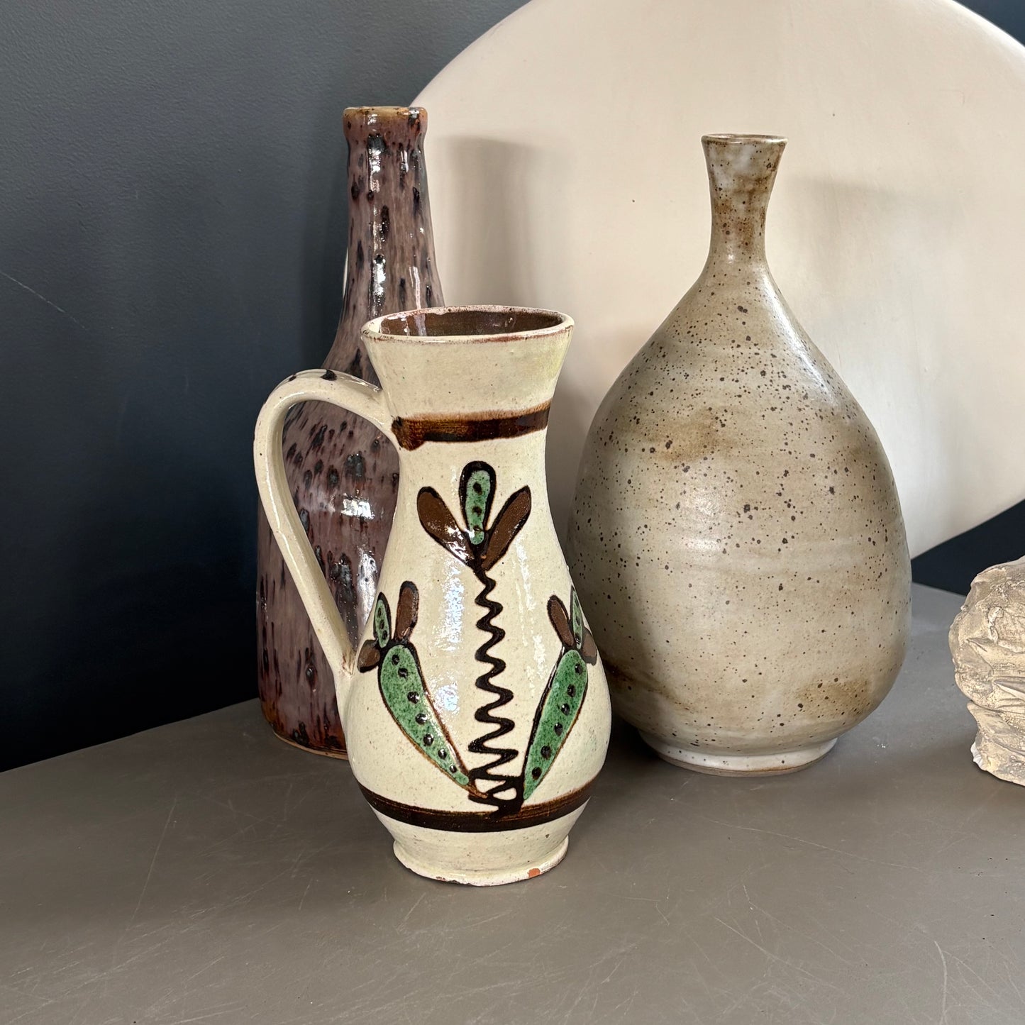 Vase à anse vintage en céramique émaillée à motifs - Ref 1280