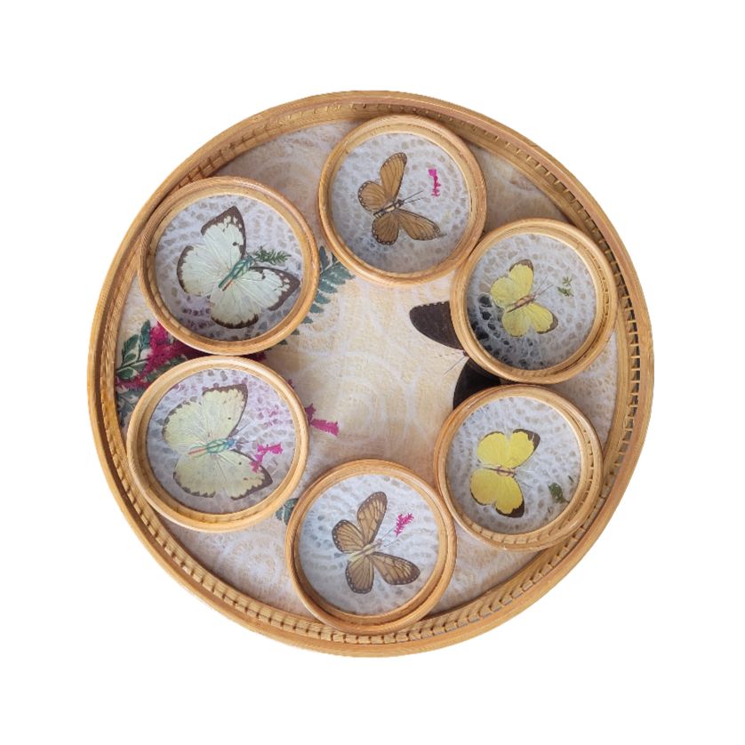 Plateau et 6 sous-verres papillons vintages en bambou - Ref 465
