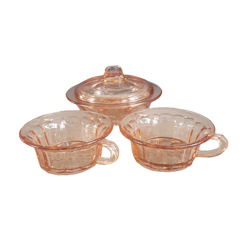 Ensemble 2 tasses + sucrier en verre rose - Ref 522