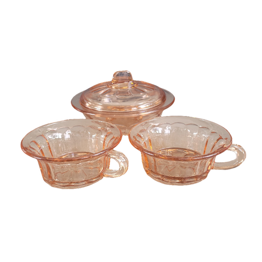Ensemble 2 tasses + sucrier en verre rose - Ref 522