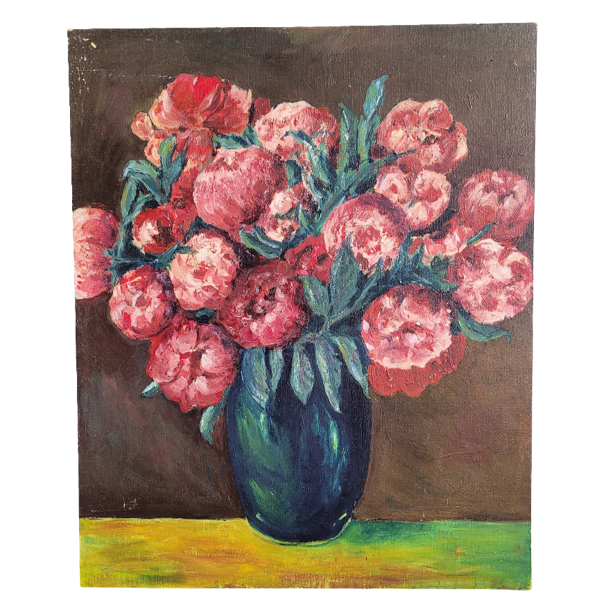 Tableau huile sur carton - bouquet de pivoines - Ref 315