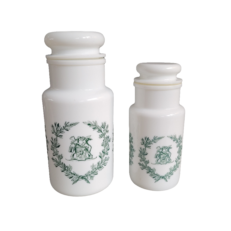 Lot de 2 pots d'apothicaire en verre opaline blanc - Herboristerie - Ref 231