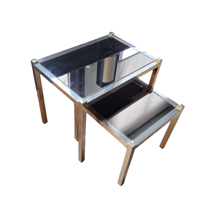 Tables gigognes en métal doré/chromé et miroir ambré - Ref 313