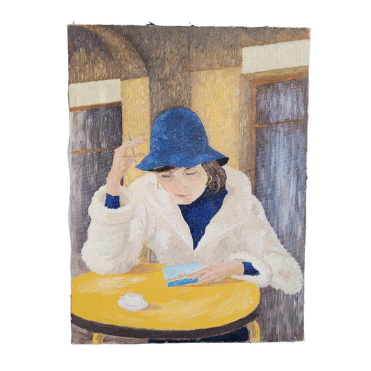 Portrait huile sur toile femme écrivant une carte postale- Ref 453
