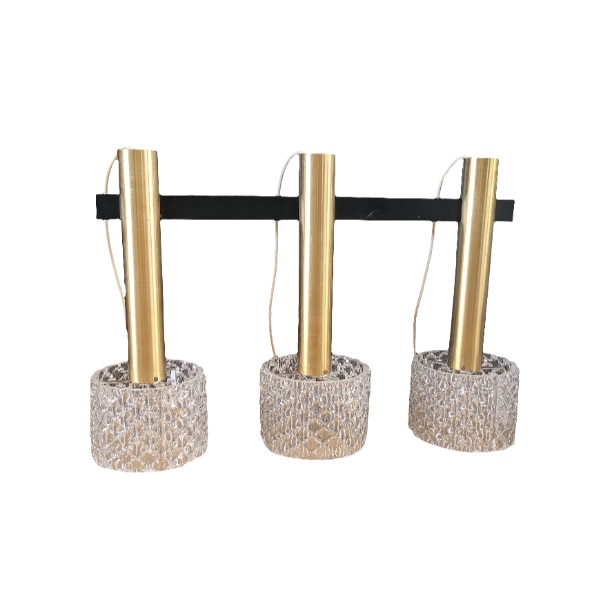 Lustre 3 feux suspension cascade vintage en verre moulé et laiton - Ref 307