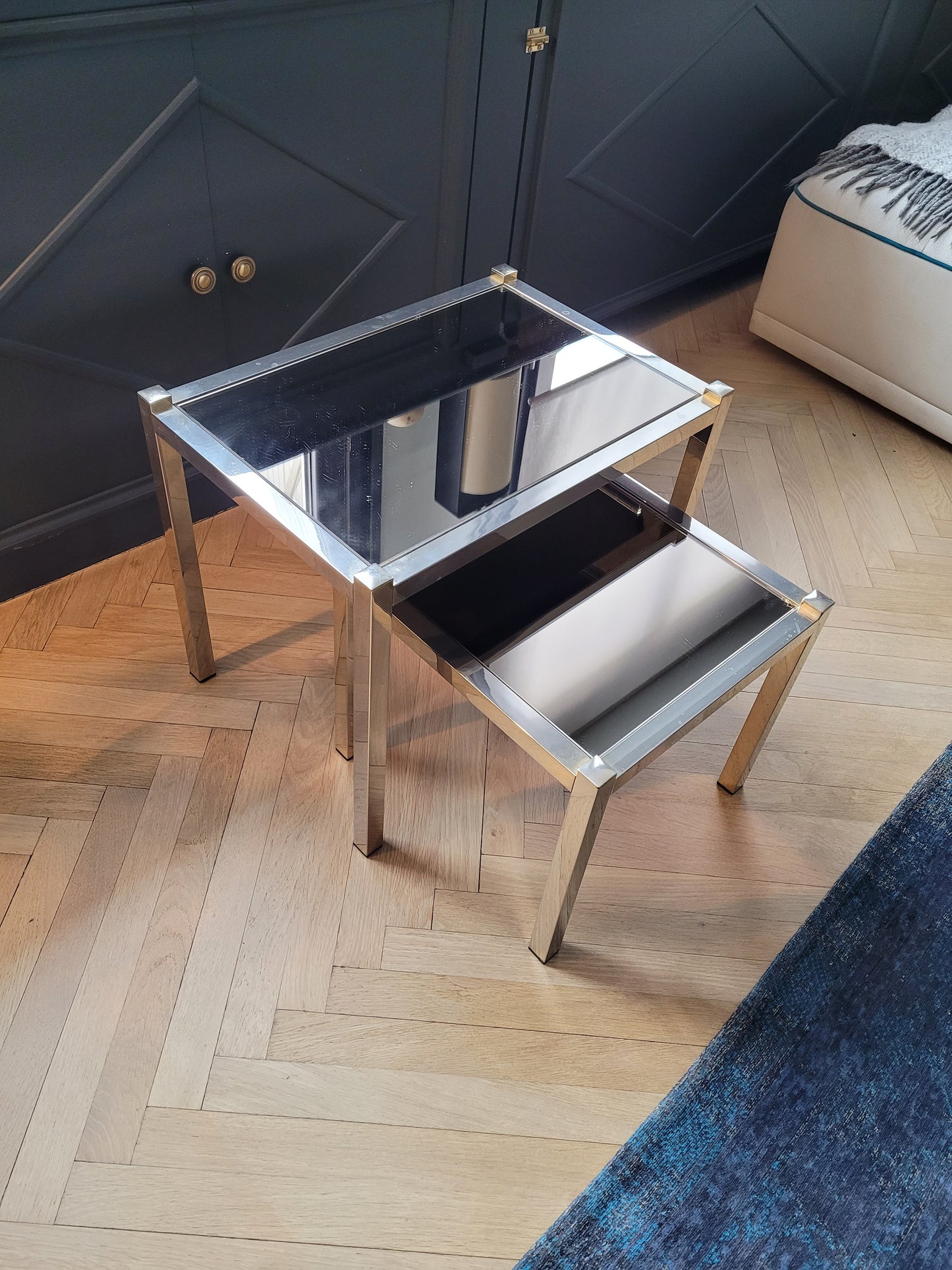 Tables gigognes en métal doré/chromé et miroir ambré - Ref 313