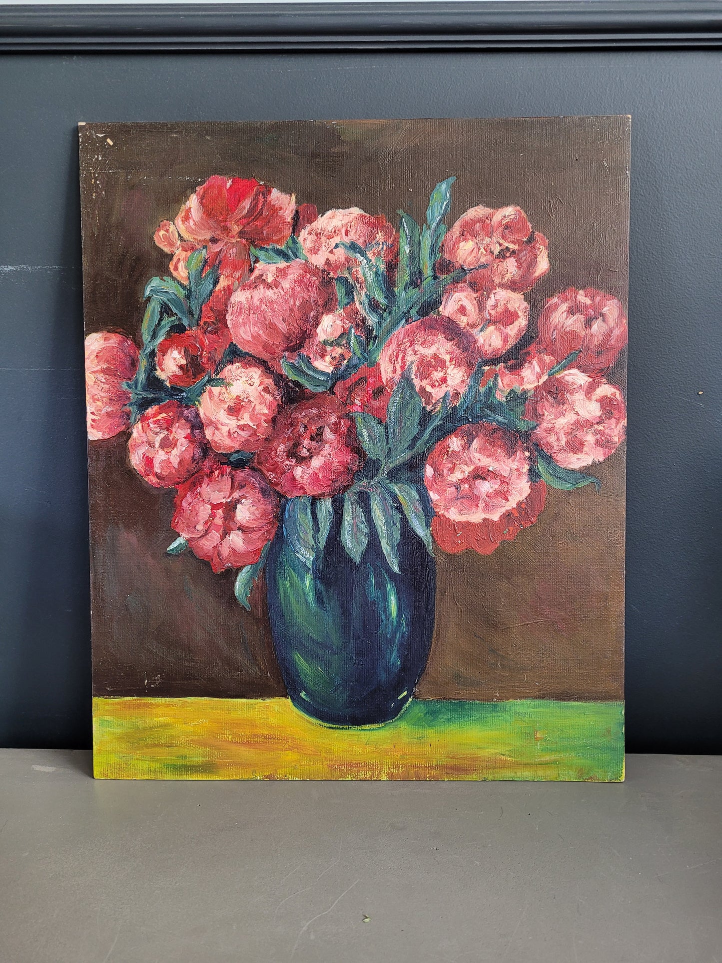 Tableau huile sur carton - bouquet de pivoines - Ref 315