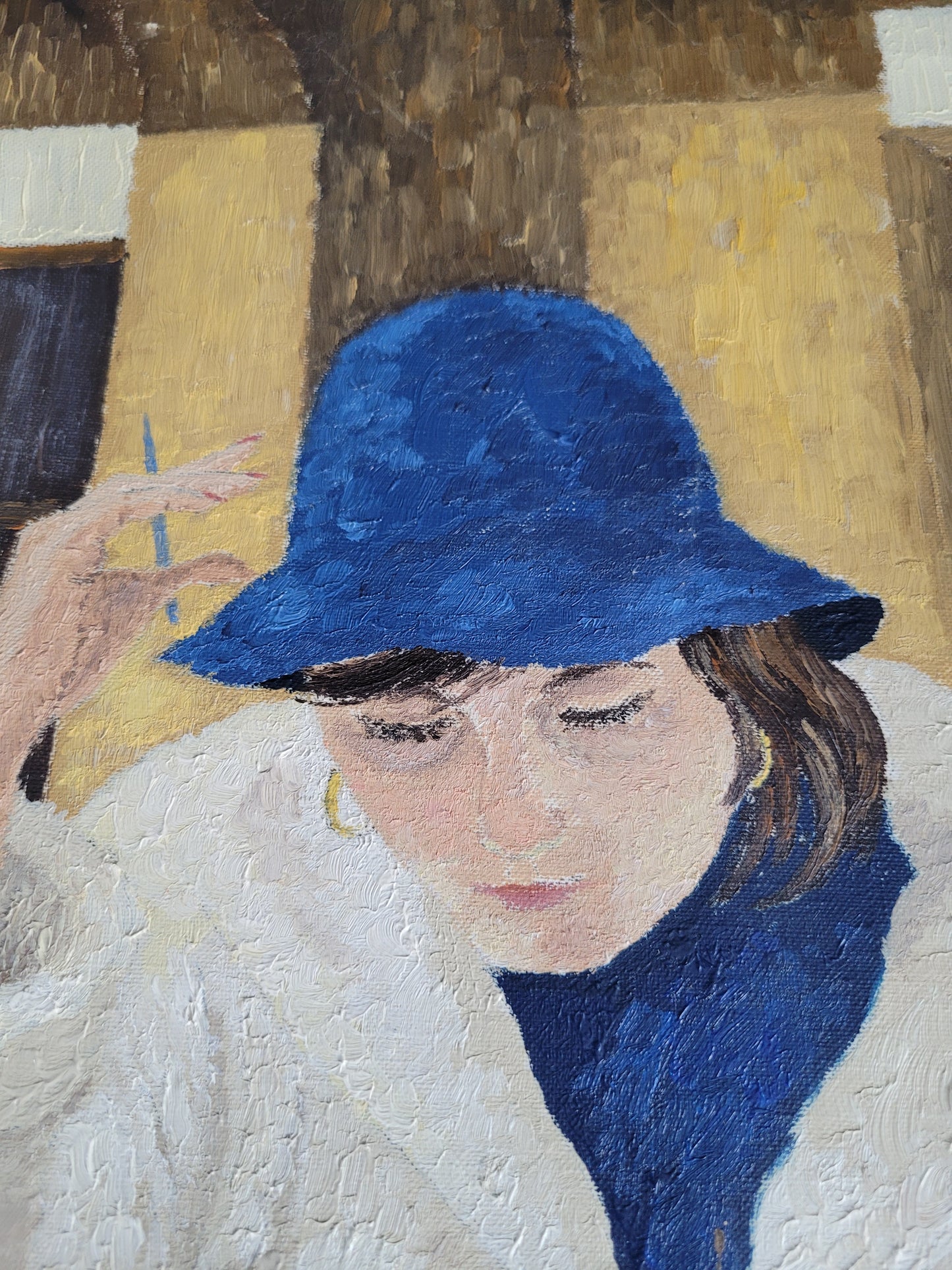 Portrait huile sur toile femme écrivant une carte postale- Ref 453
