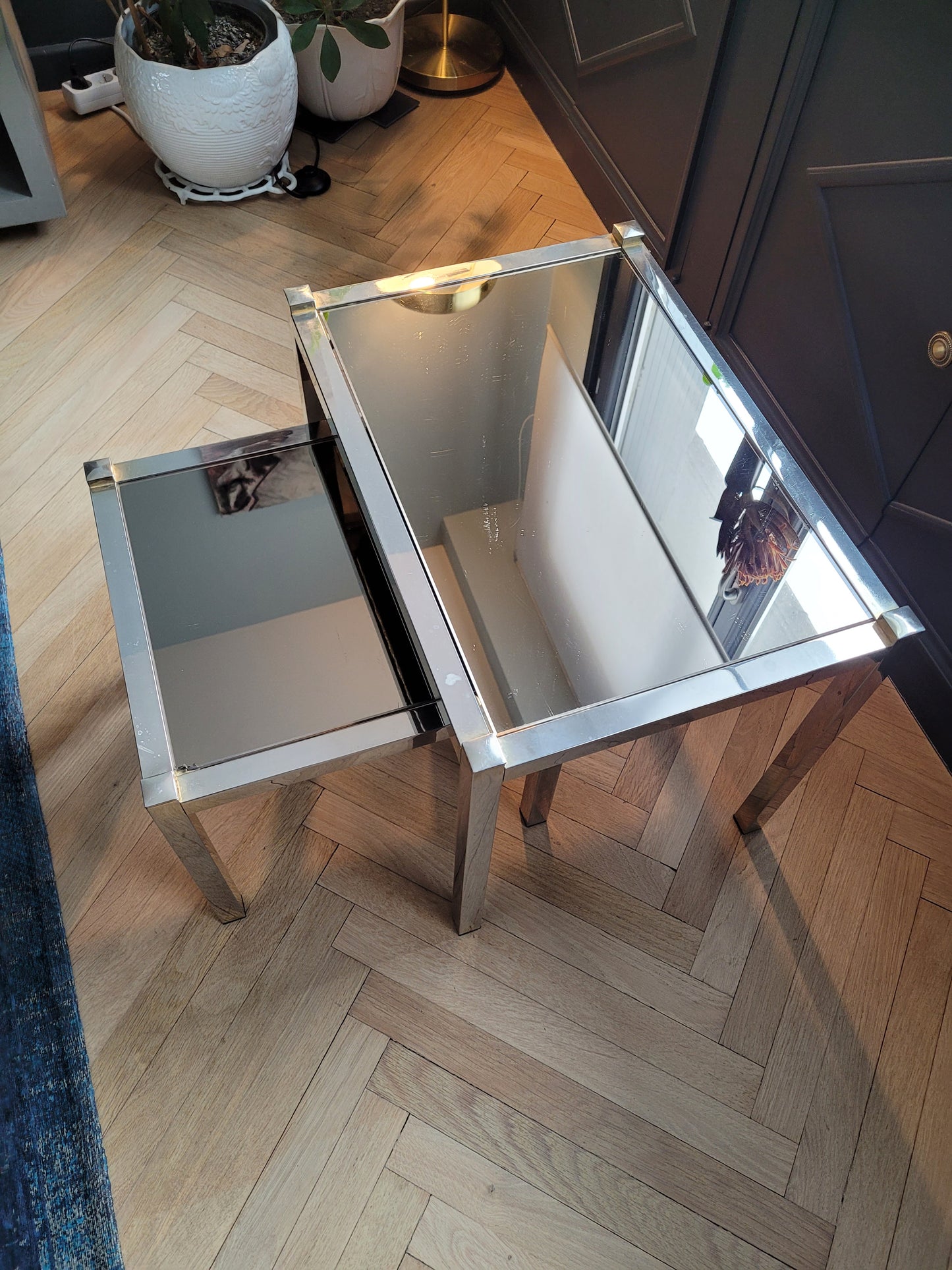 Tables gigognes en métal doré/chromé et miroir ambré - Ref 313