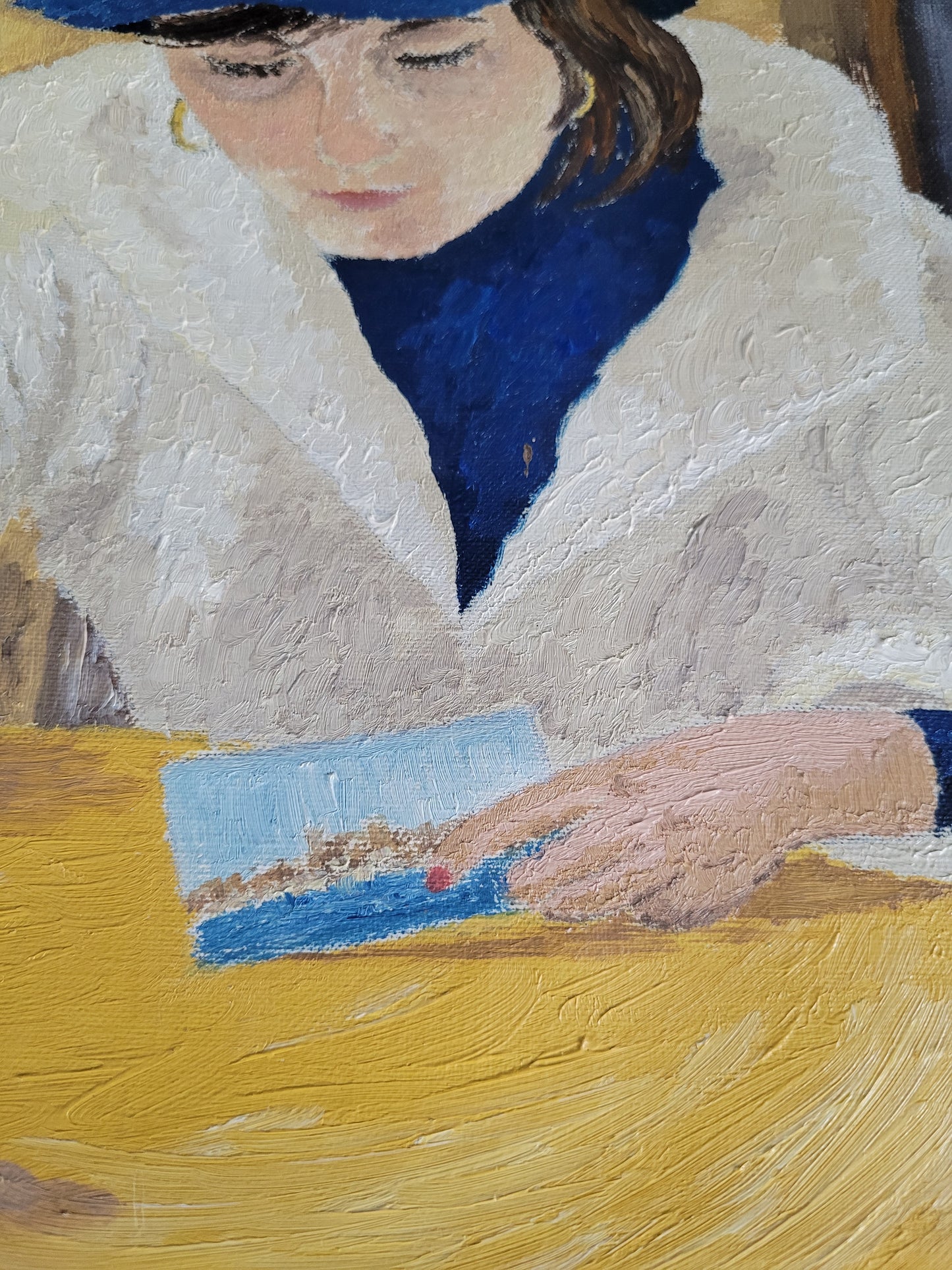 Portrait huile sur toile femme écrivant une carte postale- Ref 453