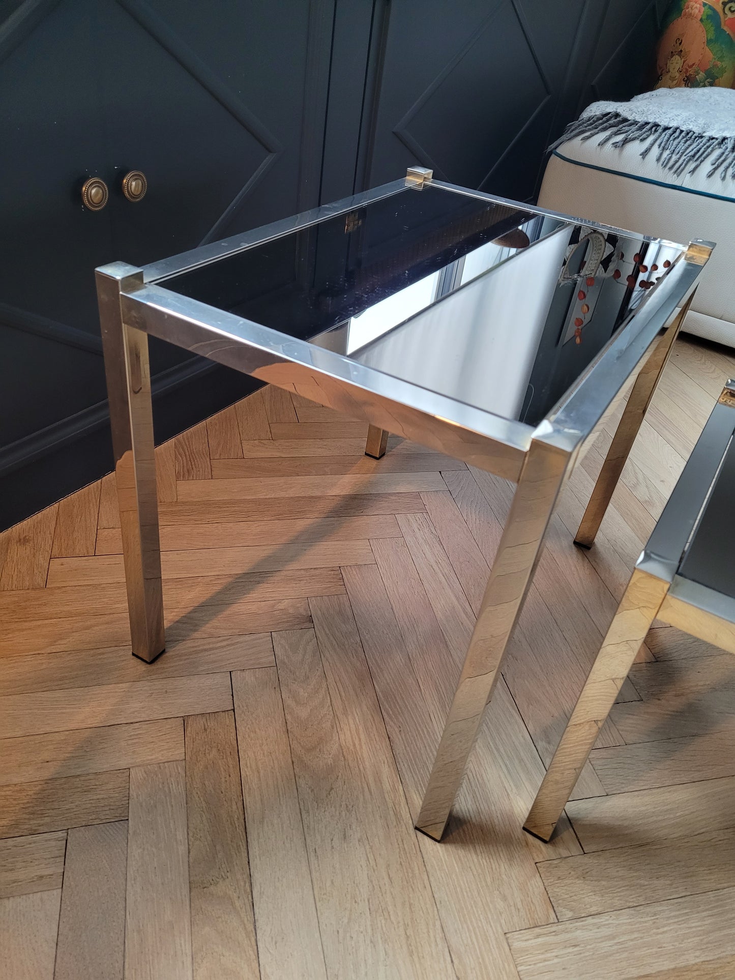 Tables gigognes en métal doré/chromé et miroir ambré - Ref 313