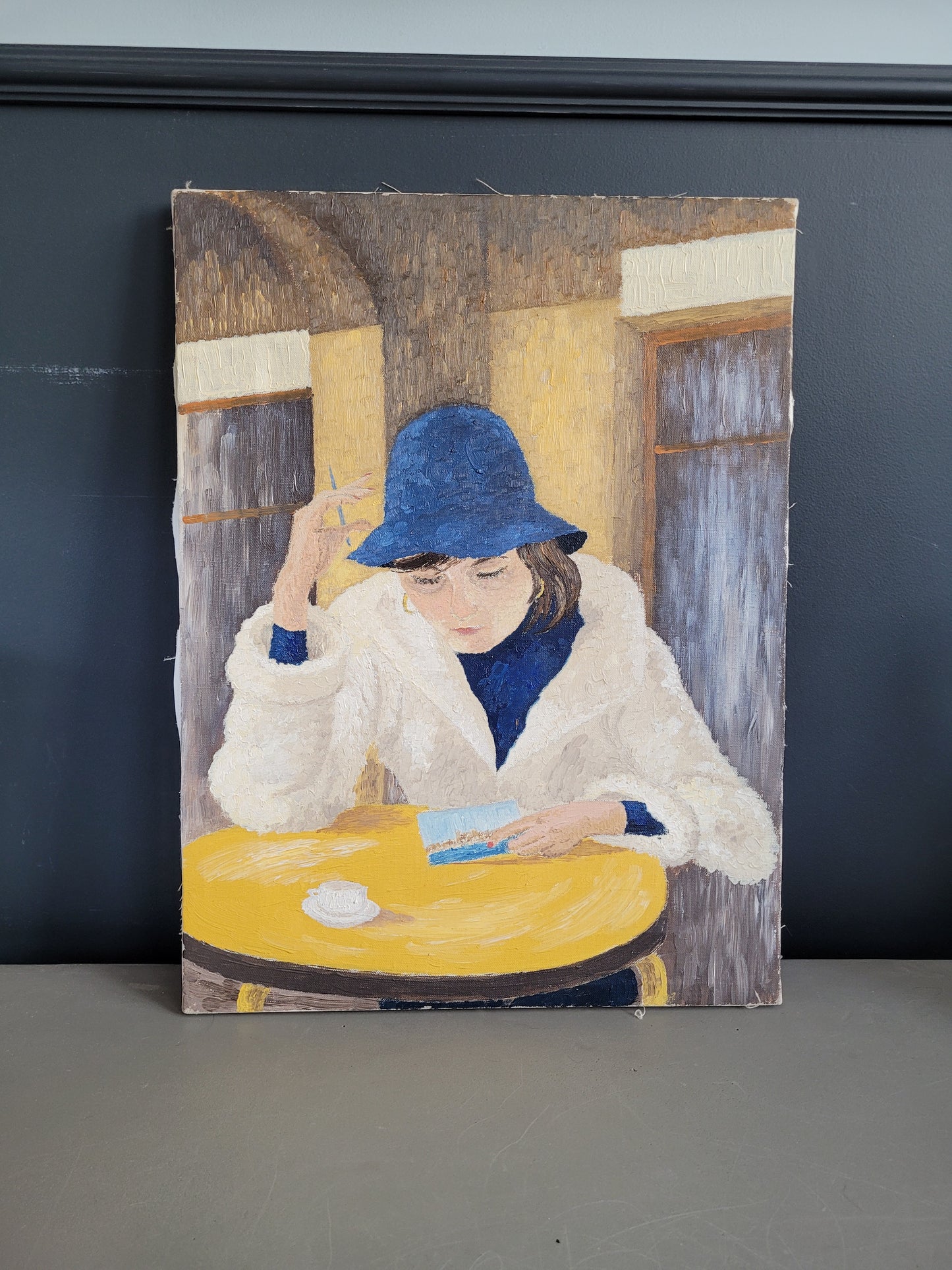 Portrait huile sur toile femme écrivant une carte postale- Ref 453
