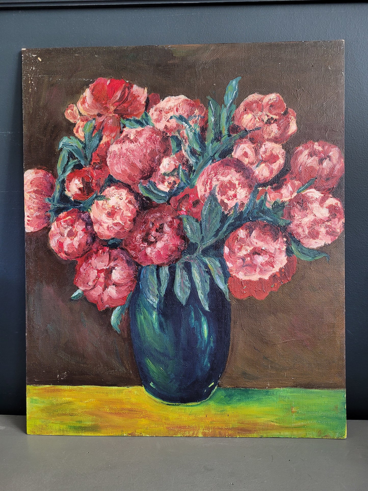 Tableau huile sur carton - bouquet de pivoines - Ref 315