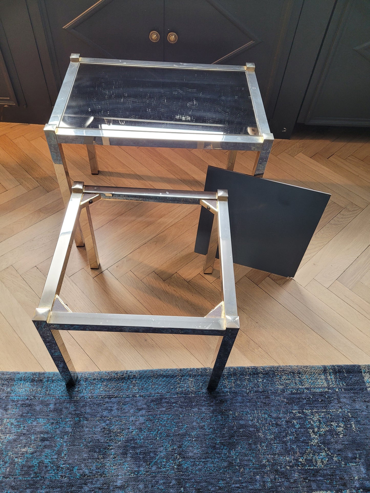 Tables gigognes en métal doré/chromé et miroir ambré - Ref 313