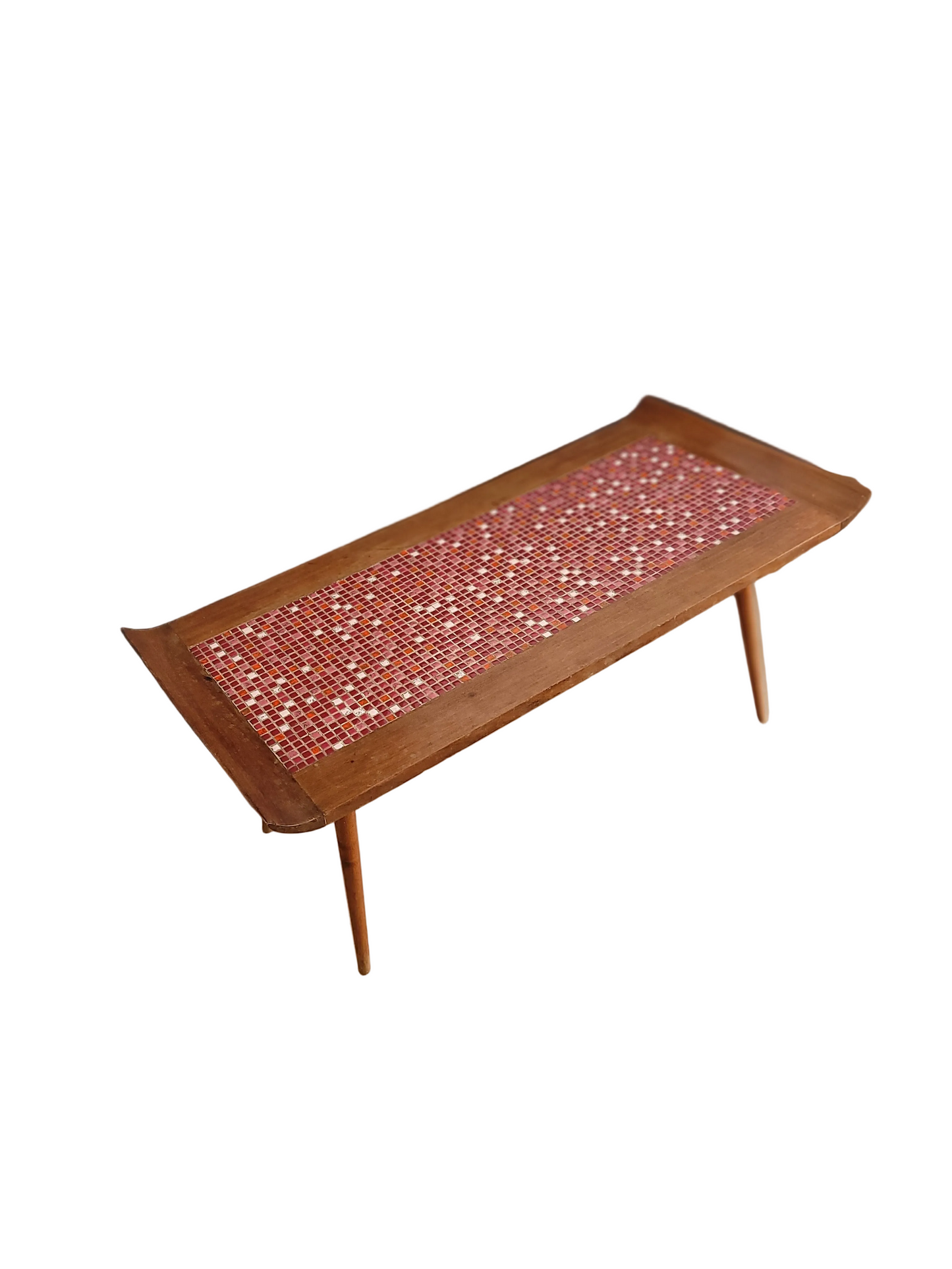 Table basse vintage en teck et mosaïque pieds compas - Ref 881