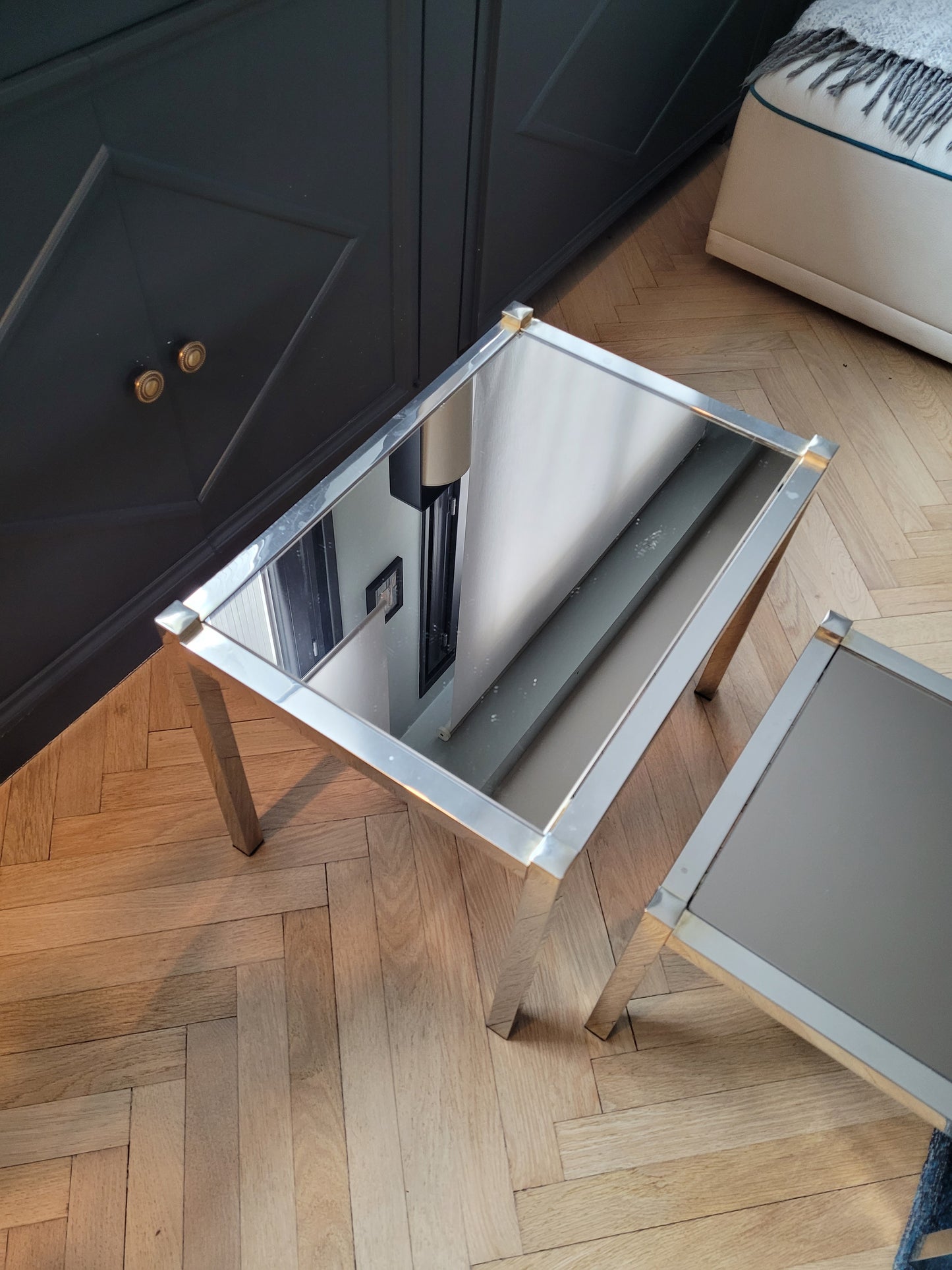 Tables gigognes en métal doré/chromé et miroir ambré - Ref 313