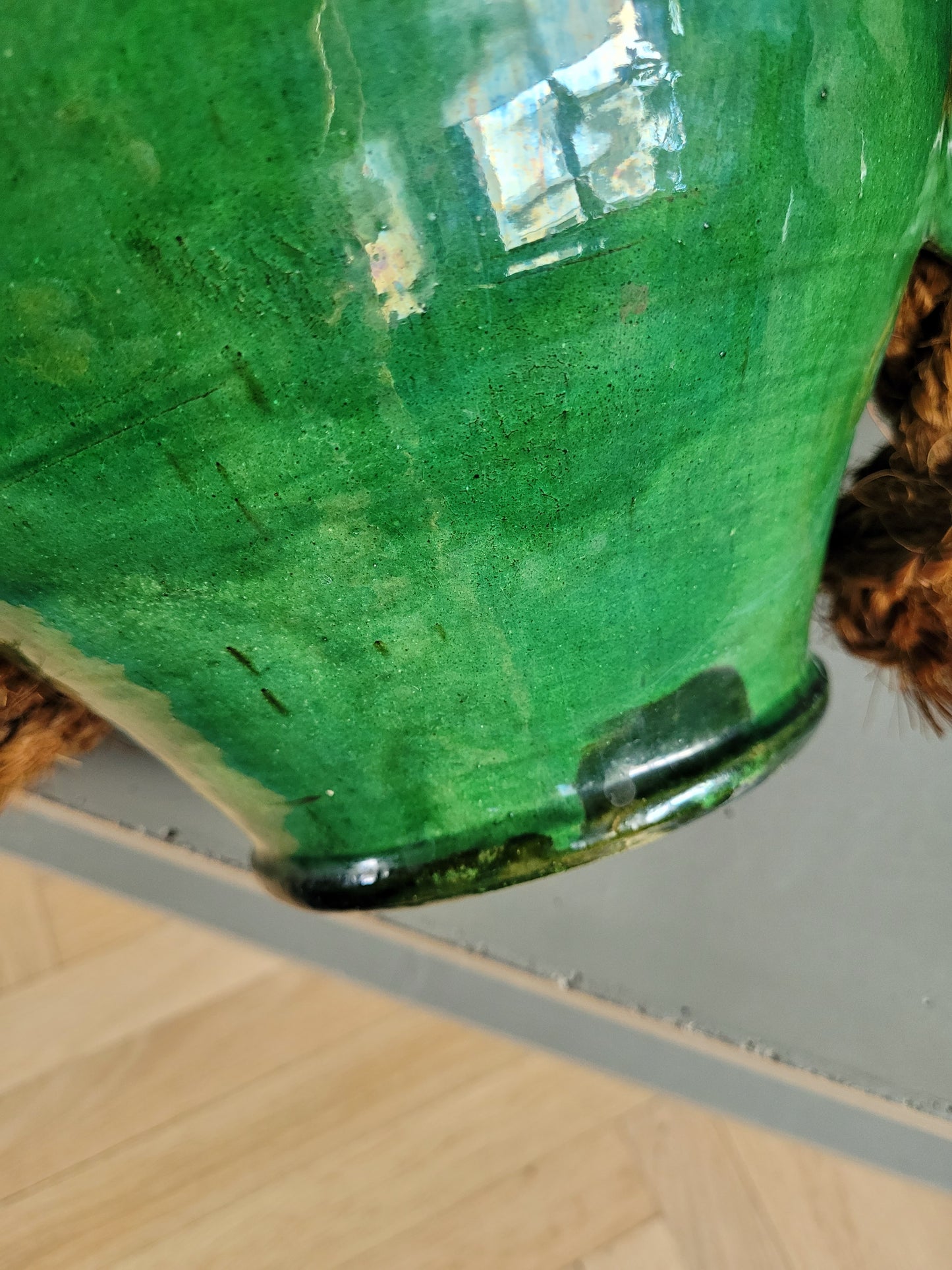 Conscience jarre à huile en terre cuite vernissée verte - Ref 376