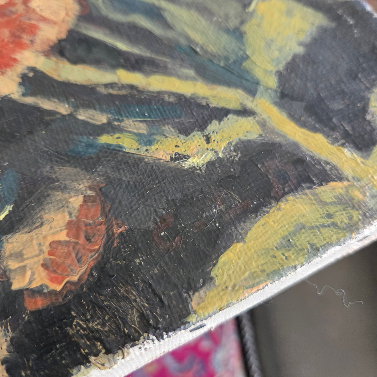 Tableau huile sur toile, jouets sur un fauteuil signé C.L.D. - Ref 1395