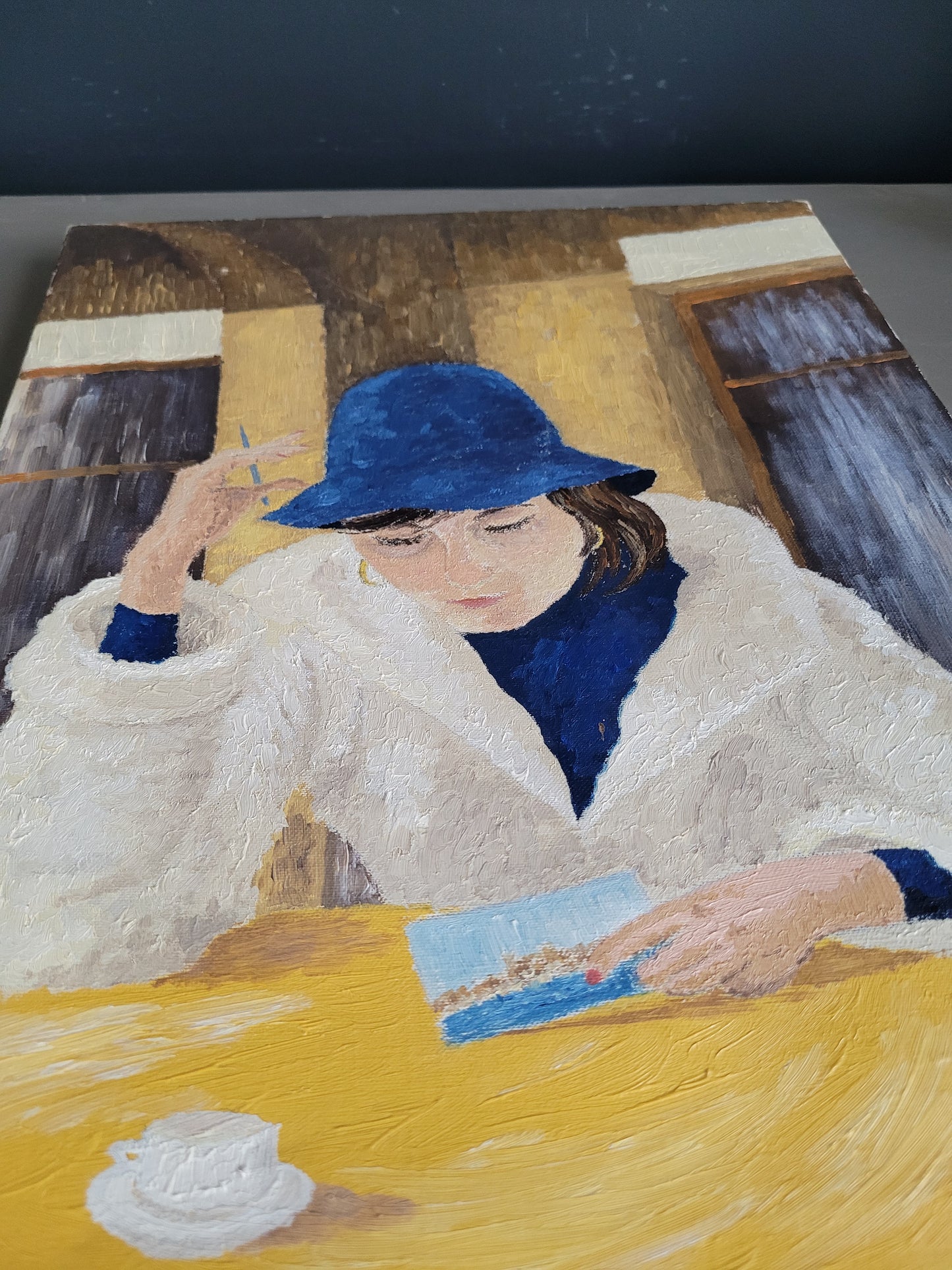 Portrait huile sur toile femme écrivant une carte postale- Ref 453