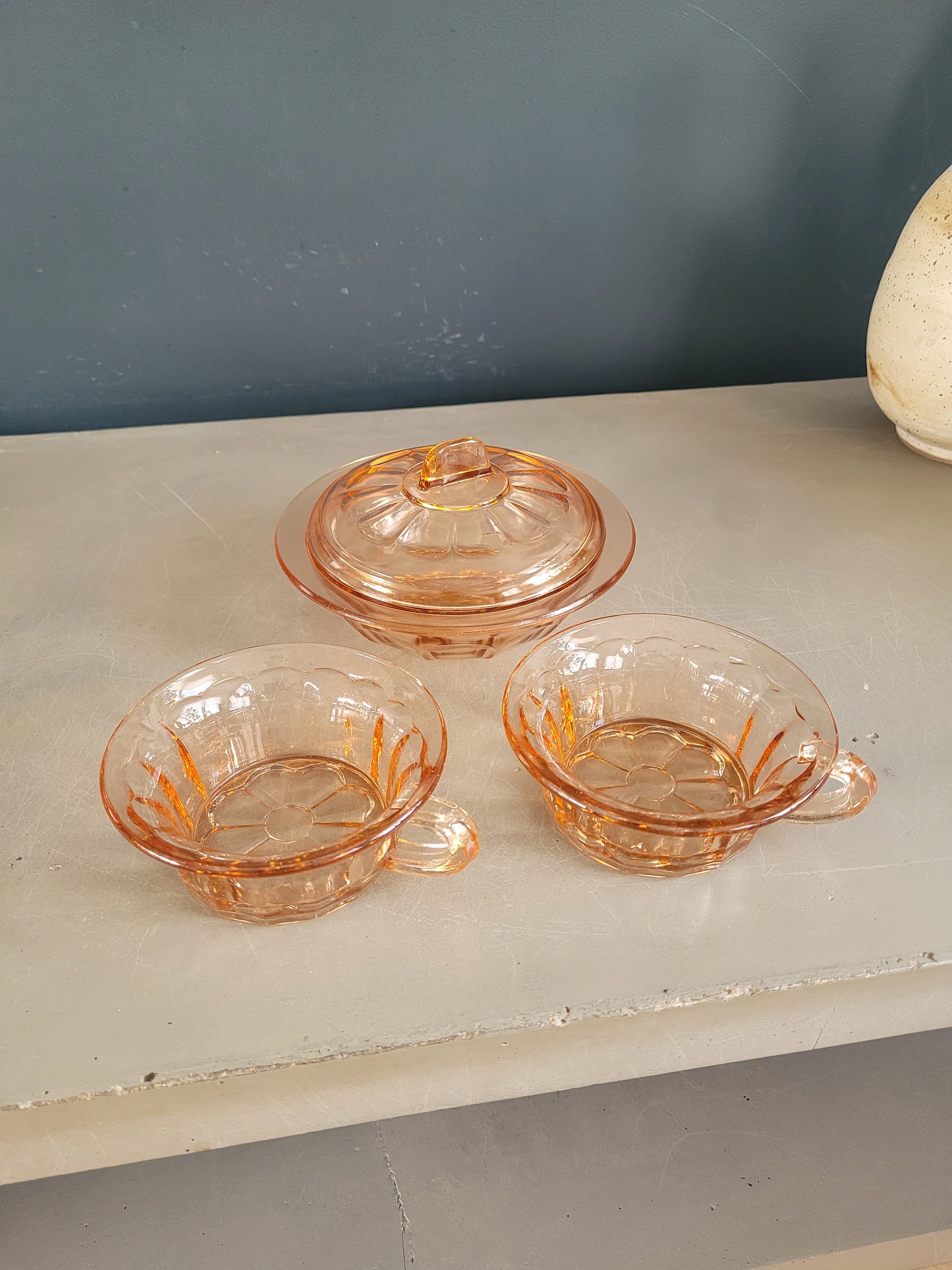 Ensemble 2 tasses + sucrier en verre rose - Ref 522