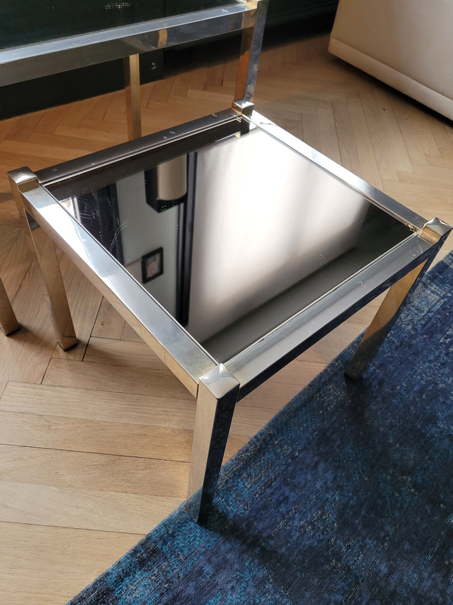 Tables gigognes en métal doré/chromé et miroir ambré - Ref 313