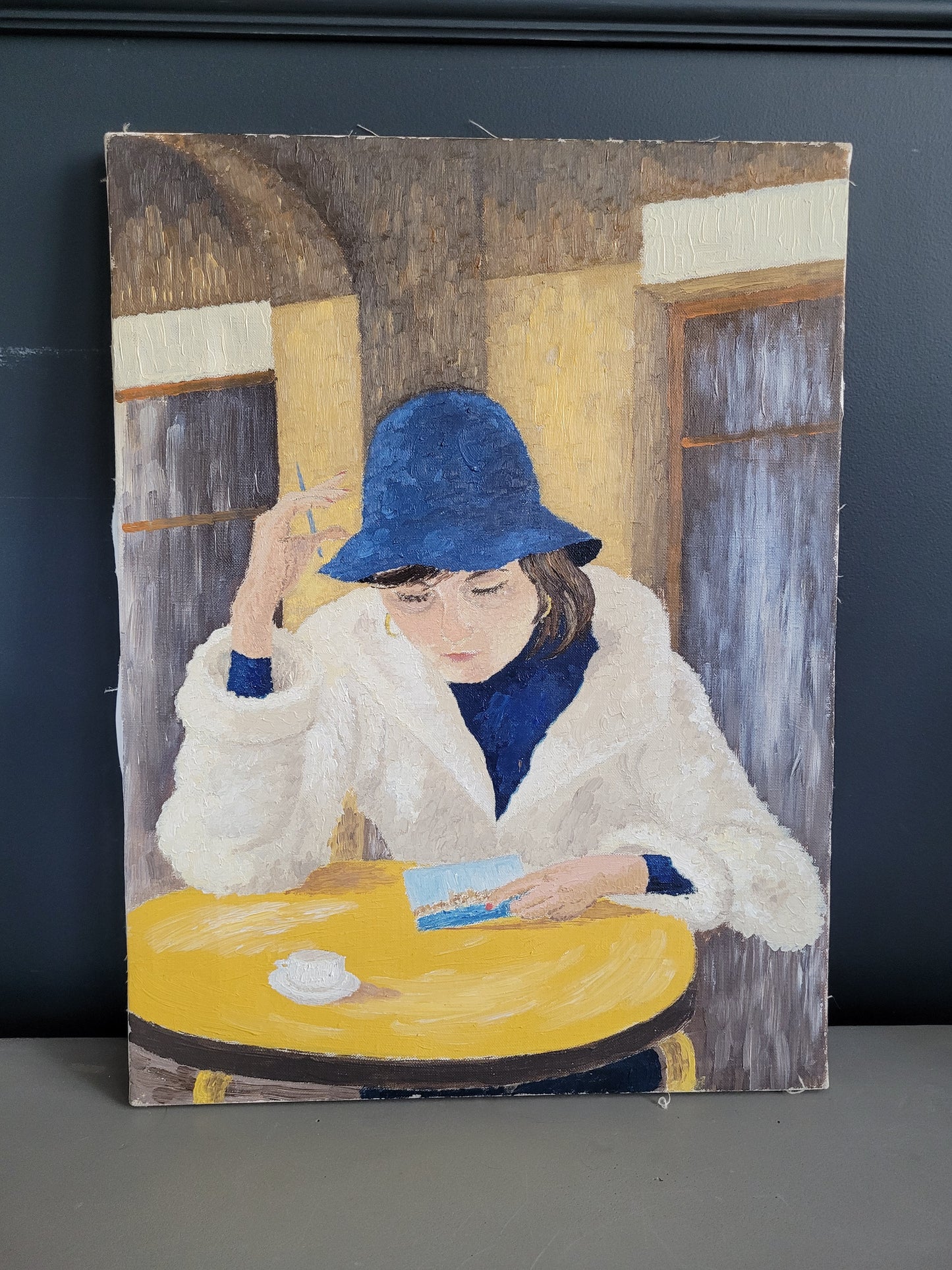 Portrait huile sur toile femme écrivant une carte postale- Ref 453