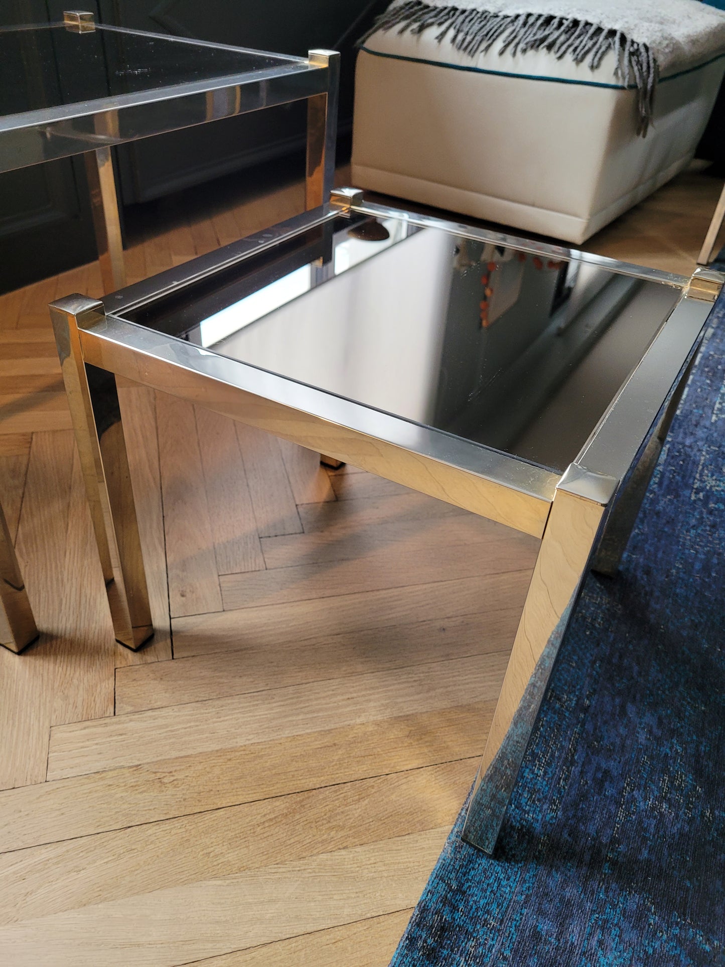 Tables gigognes en métal doré/chromé et miroir ambré - Ref 313