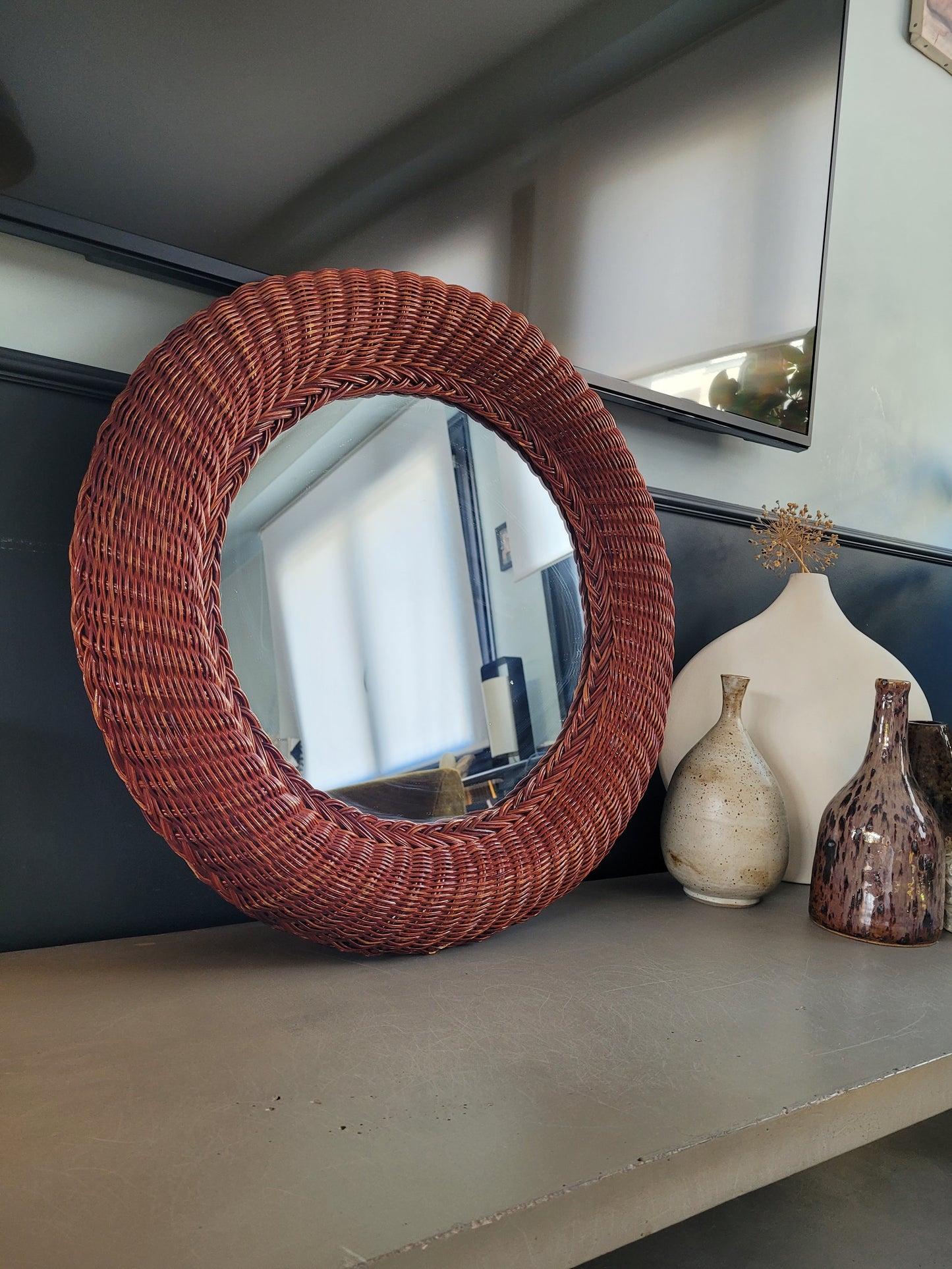 Grand miroir rond en rotin - Ref 490