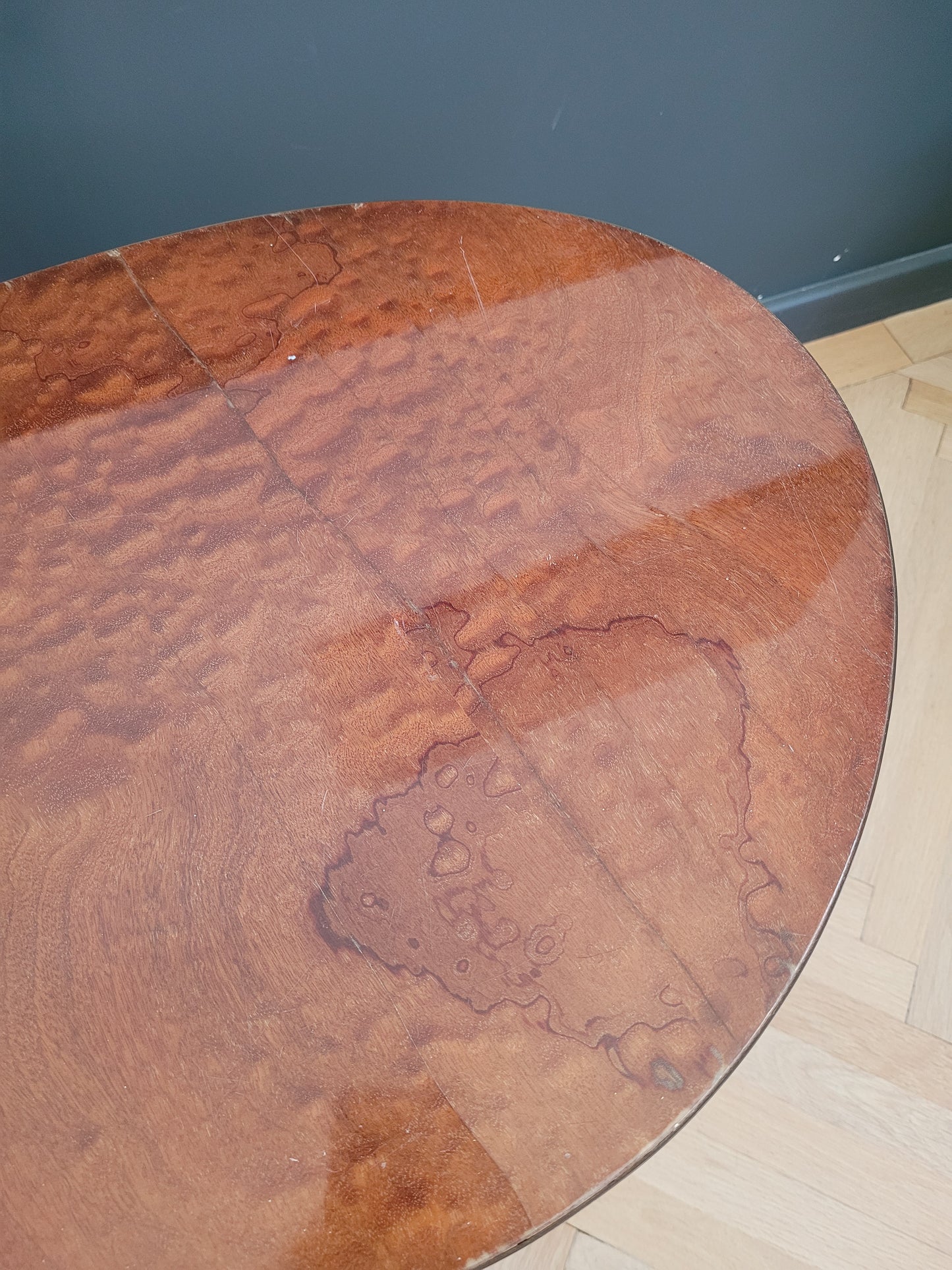 Table basse haricot années 50 en loupe d'orme - Ref 637