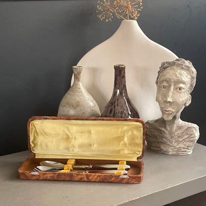 Couverts à salade en corne et inox dans leur coffret - Ref 1137