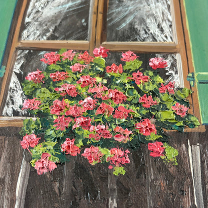Tableau chalet aux géraniums signé Willy 82, encadrement vintage, années 80 - Ref 1245
