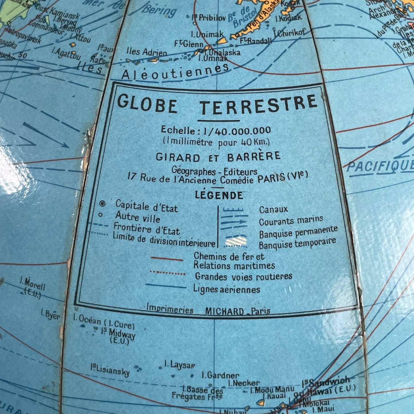 Globe terrestre vintage Girard et Barrère - Années 50-60 - piètement string - Ref 1153