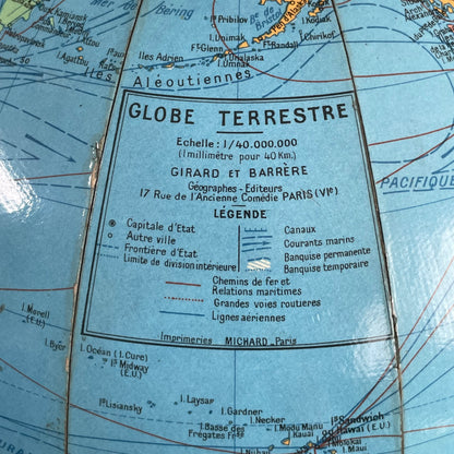 Globe terrestre vintage Girard et Barrère - Années 50-60 - piètement string - Ref 1153