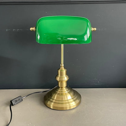 Lampe de bureau abat-jour en verre vert et pied en métal doré - Ref 1188
