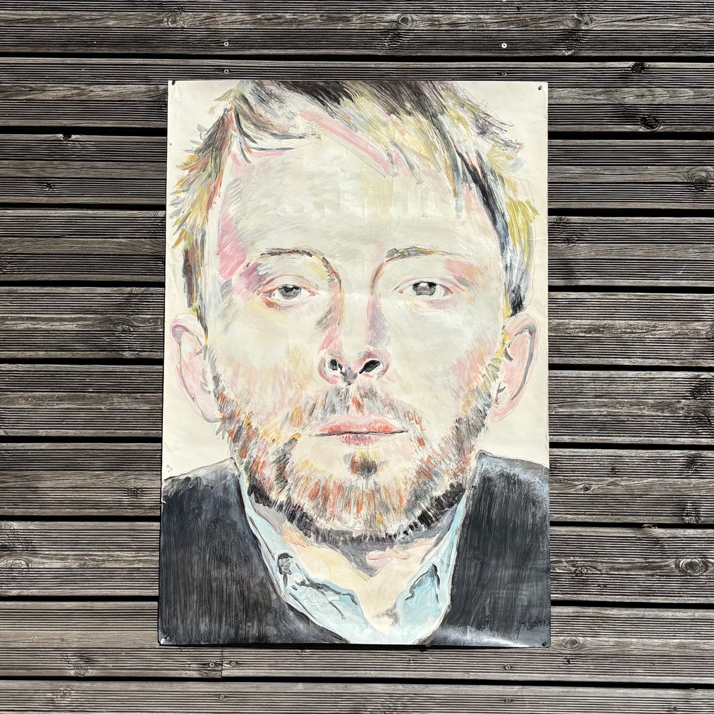 Grand portrait de Thom Yorke de Radiohead - peinture sur papier 110x75cm - Ref 1314