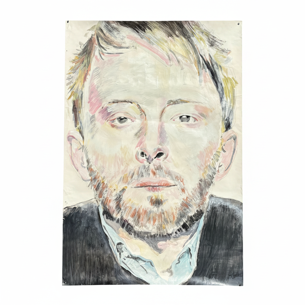 Grand portrait de Thom Yorke de Radiohead - peinture sur papier 110x75cm - Ref 1314