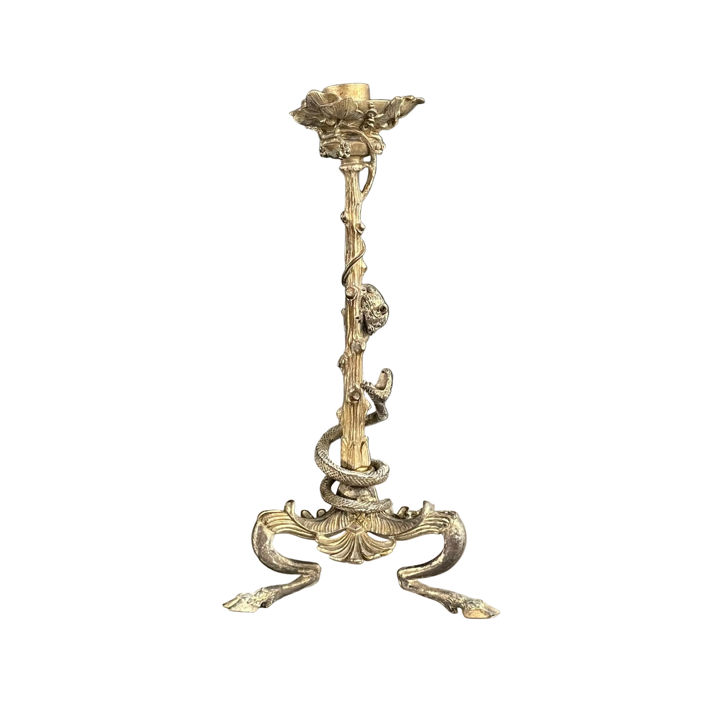 Bougeoir tripode en bronze doré serpent et souris - Ref 1183