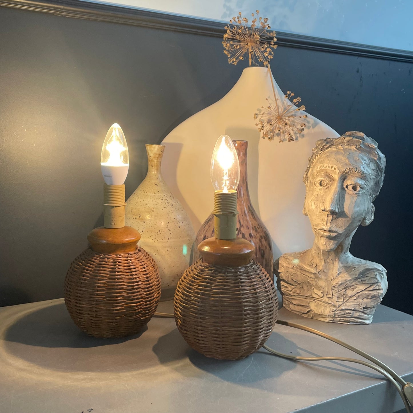 Paire de pieds de lampe boules en rotin - Ref 1186