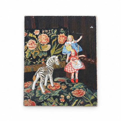 Tableau huile sur toile, jouets sur un fauteuil signé C.L.D. - Ref 1395