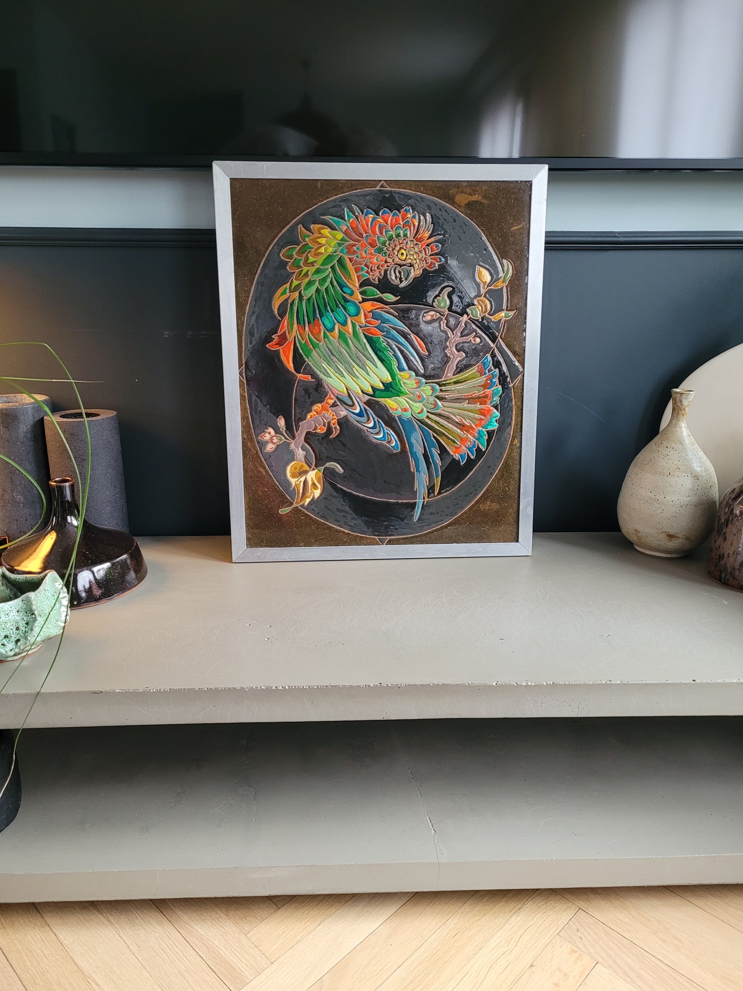 Tableau perroquet émaillé signé René Sigg - Ref 61