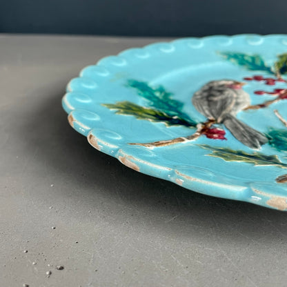 Assiette oiseaux et houx en majolique Sarreguemines XIXème - Barbotine - Ref 1158