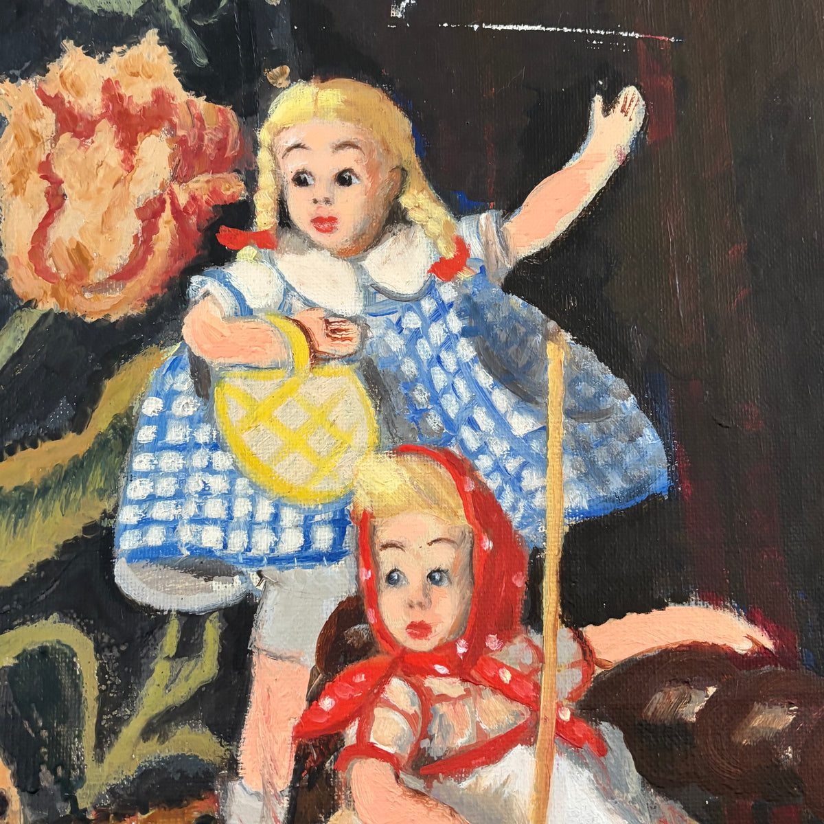 Tableau huile sur toile, jouets sur un fauteuil signé C.L.D. - Ref 1395
