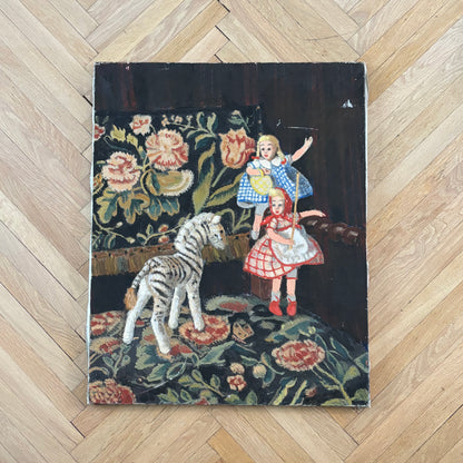 Tableau huile sur toile, jouets sur un fauteuil signé C.L.D. - Ref 1395