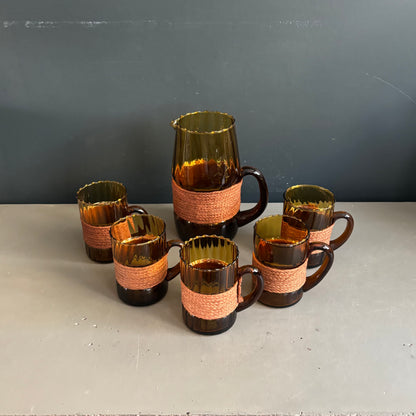 Service à eau en verre ambré texturé, 1 pichet + 5 verres - Ref 1399