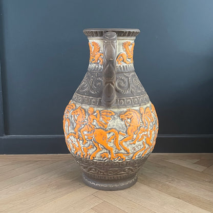 Grand vase de sol West Germany- motifs cavaliers oranges - Ref 1150