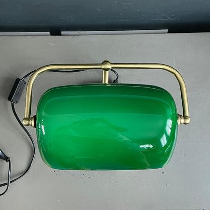 Lampe de bureau abat-jour en verre vert et pied en métal doré - Ref 1188