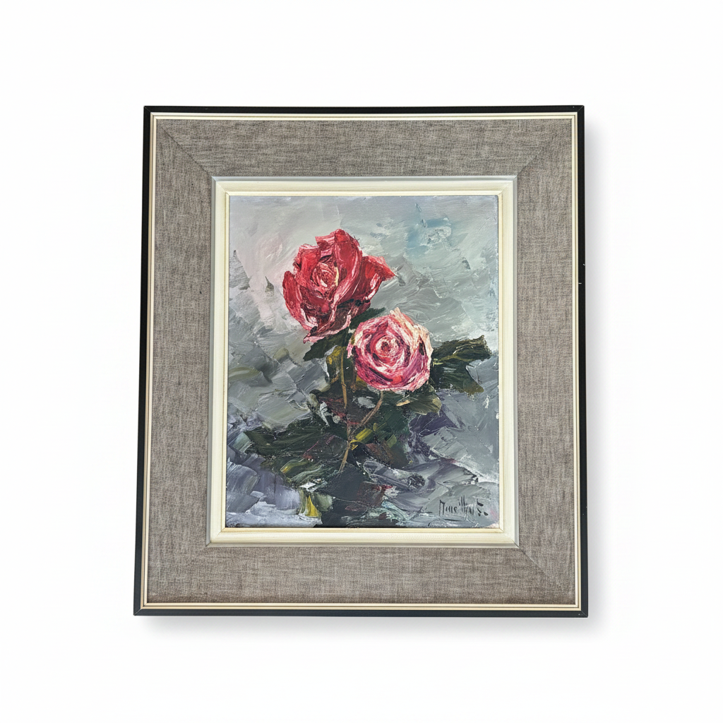 Tableau roses encadrement tissus signé Moreillon - Ref 1275